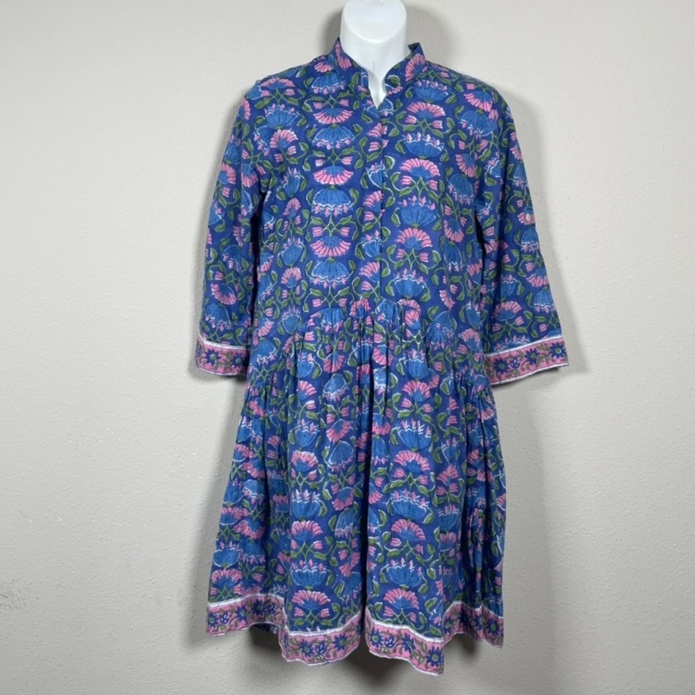Mary Marshmallow Floral Block Print Dress Women XS Blue Cottagecore Cotton